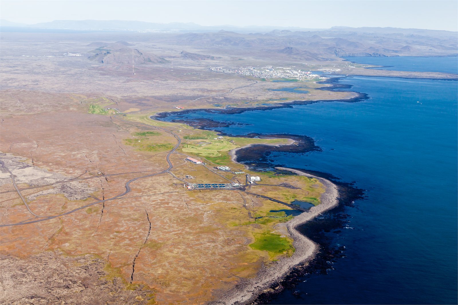 Aerial view of the Southwest of Iceland. Grindavík, and the Atlantic Ocean.